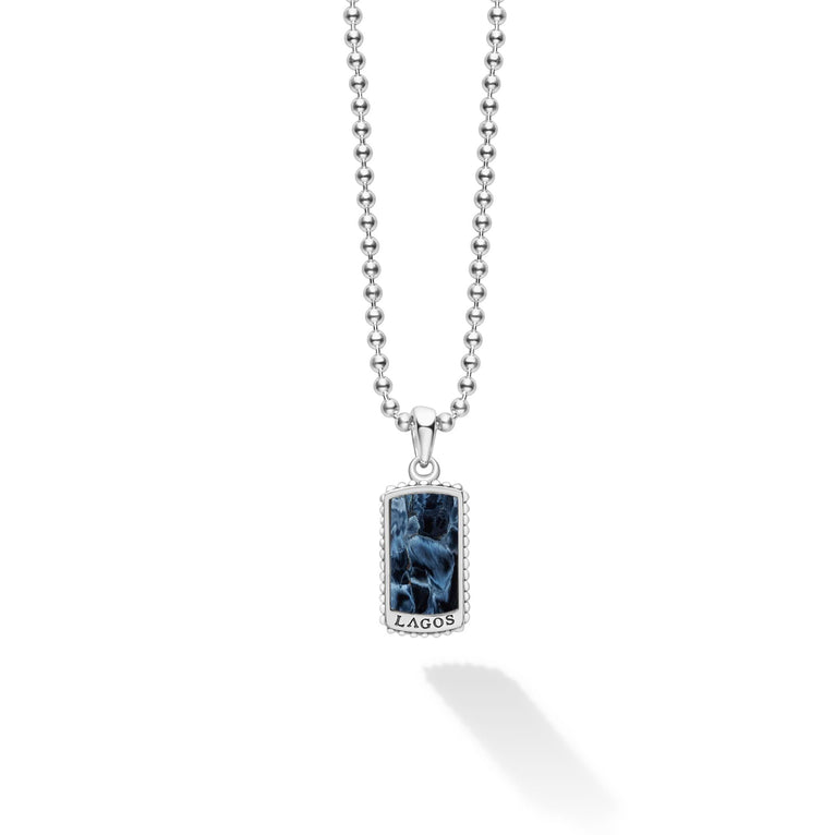 A LAGOS exclusive. Pietersite gemstone accented by sterling silver Caviar beading forms this tag amulet finished on a sterling silver ball chain necklace.