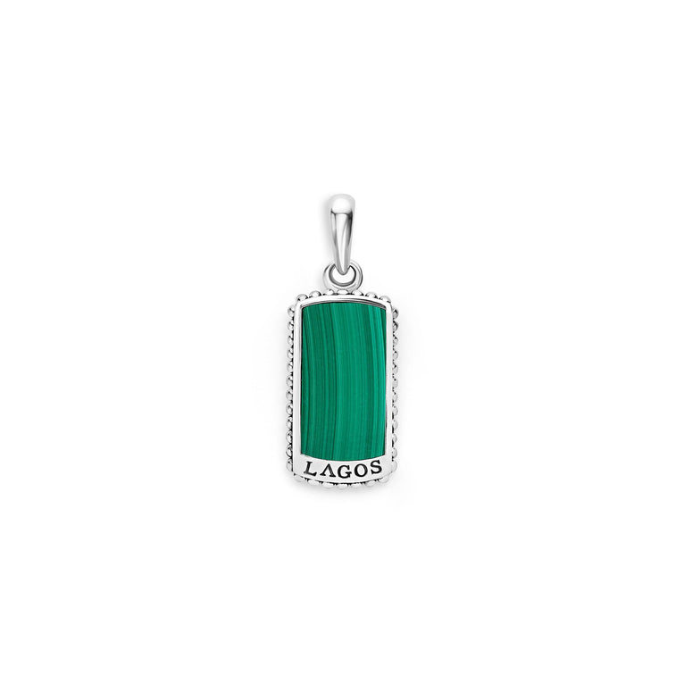 Malachite gemstone accented by sterling silver Caviar beading forms this statement tag amulet.