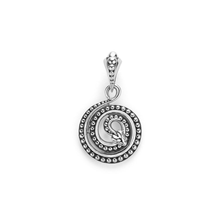 Sterling silver Caviar beading in a serpent motif form this coiled amulet.