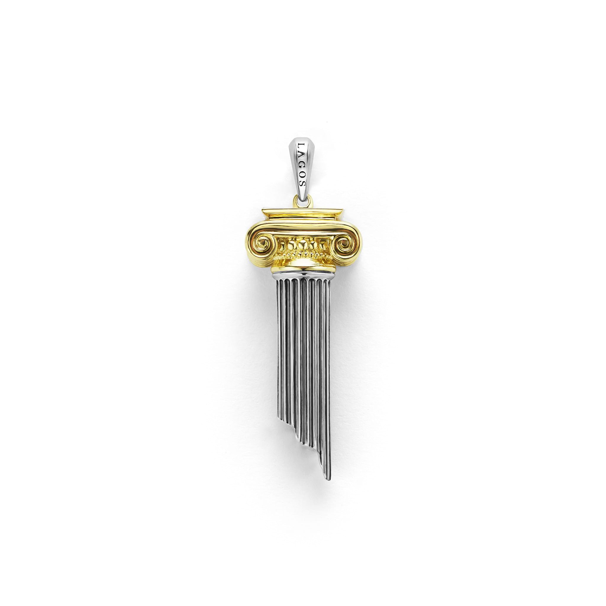 18K gold and sterling silver in a column motif form this amulet. Perfect for a bold look.