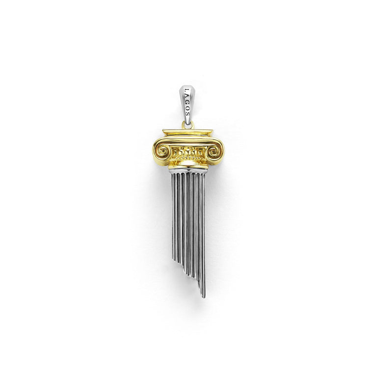 18K gold and sterling silver in a column motif form this amulet. Perfect for a bold look.