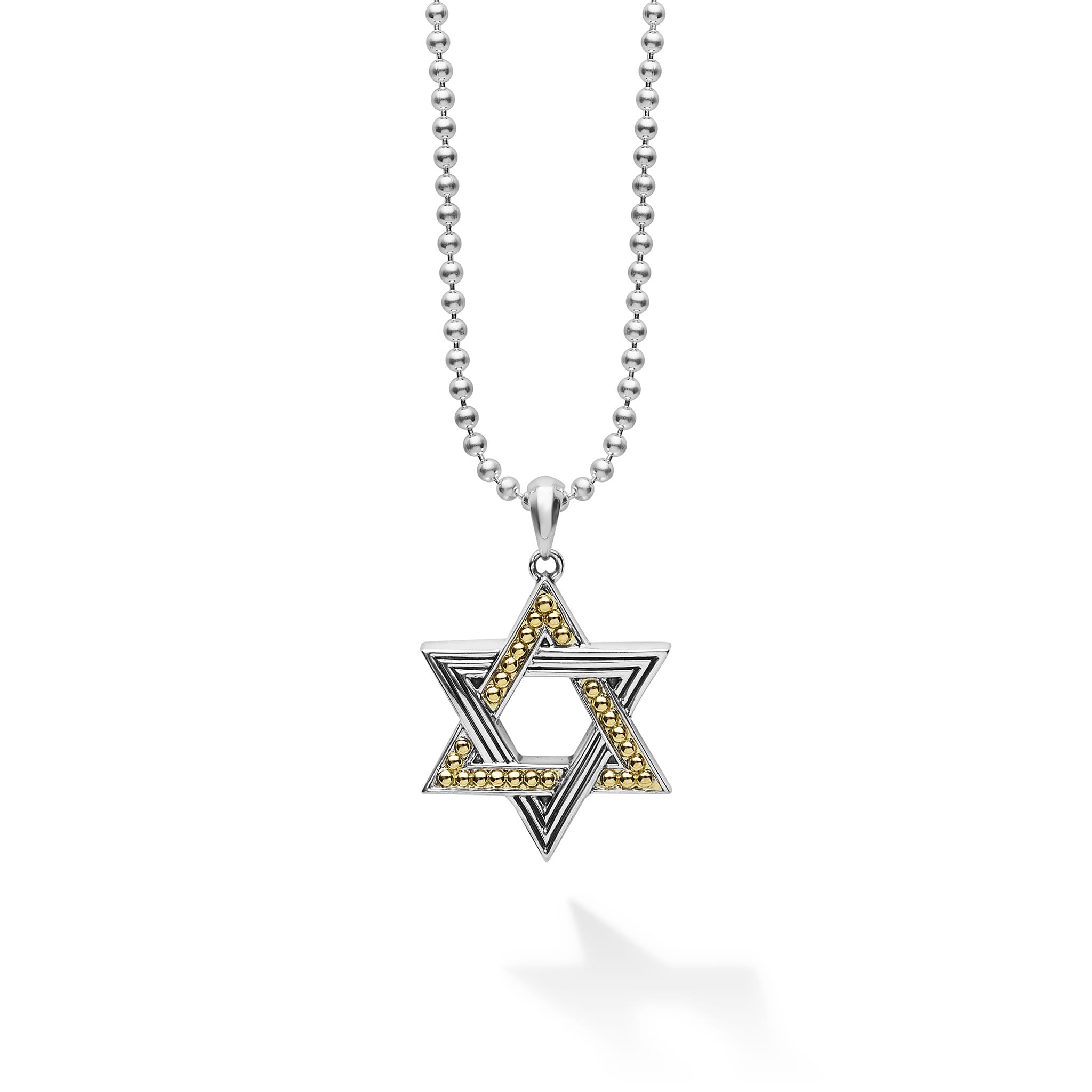 18K gold and sterling silver in a star motif forms this Star of David amulet. Finished on a sterling silver ball chain necklace.