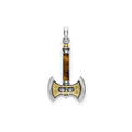 Tiger eye gemstone, 18K gold, and sterling silver form this axe amulet.