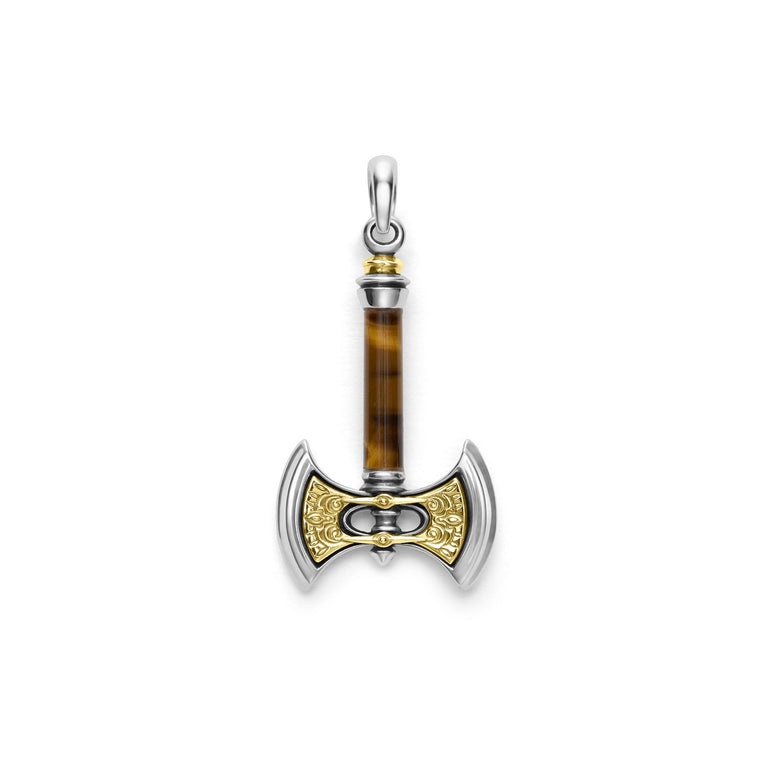 Tiger eye gemstone, 18K gold, and sterling silver form this axe amulet.