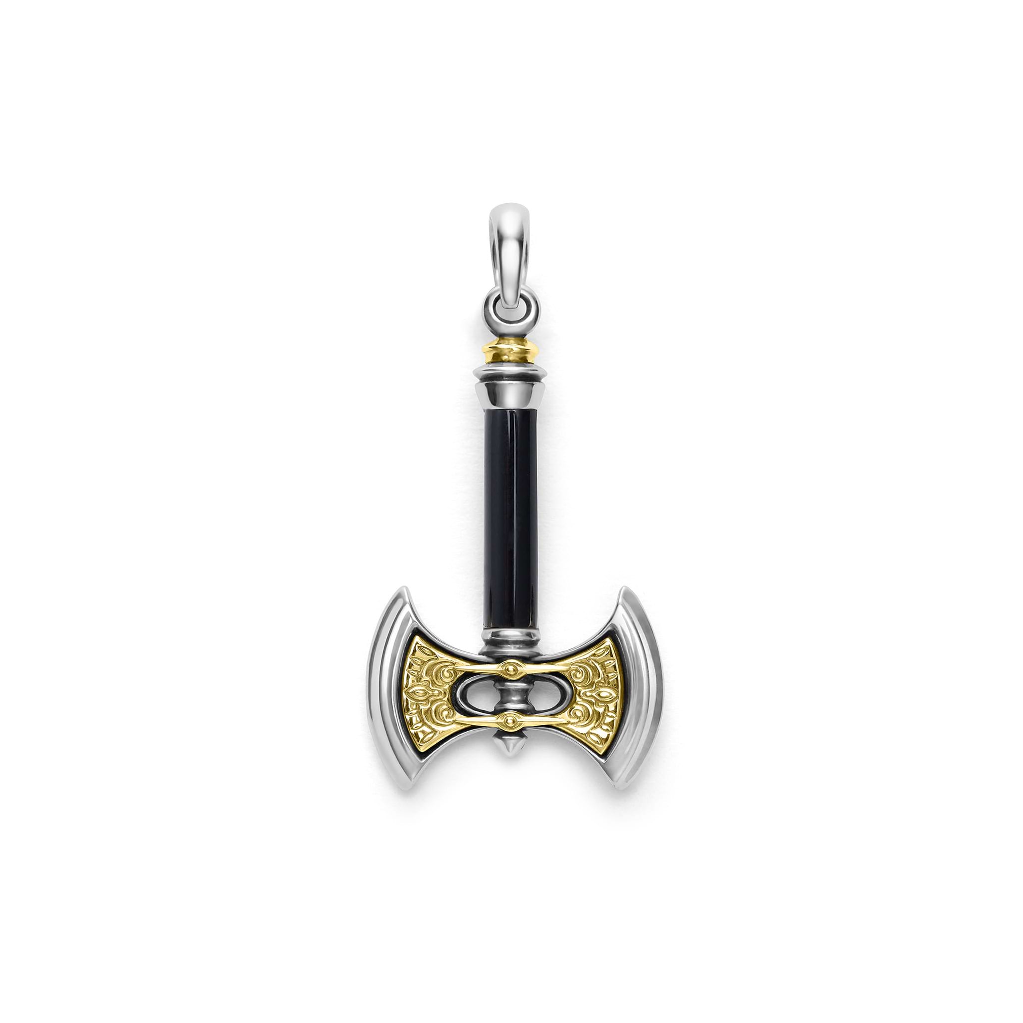 Black agate gemstone, 18K gold, and sterling silver form this roman-inspired axe amulet.