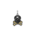 Intricately crafted black agate gemstone, 18K gold, and sterling silver form this skull and bones motif amulet.