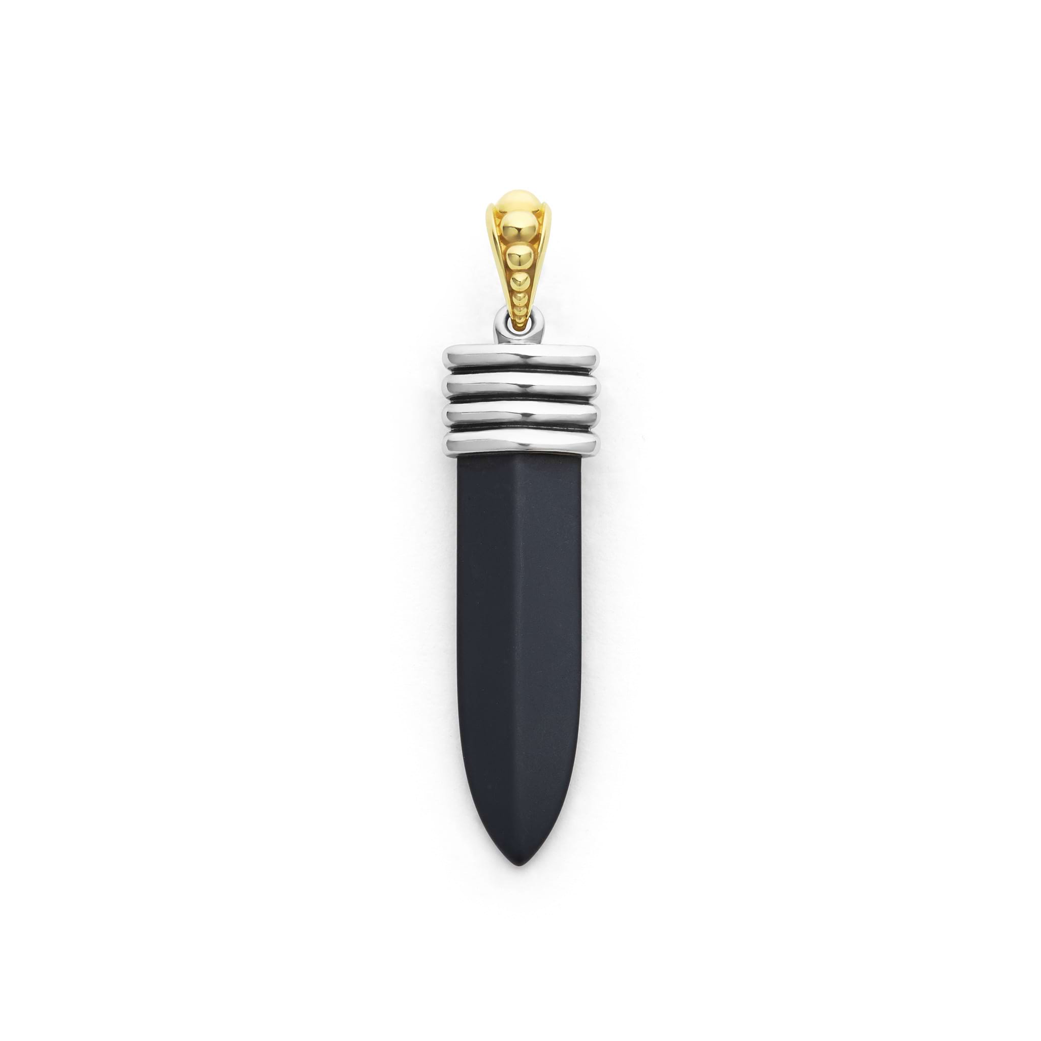 Matte black ceramic, sterling silver, and 18K gold form this blade motif amulet.
