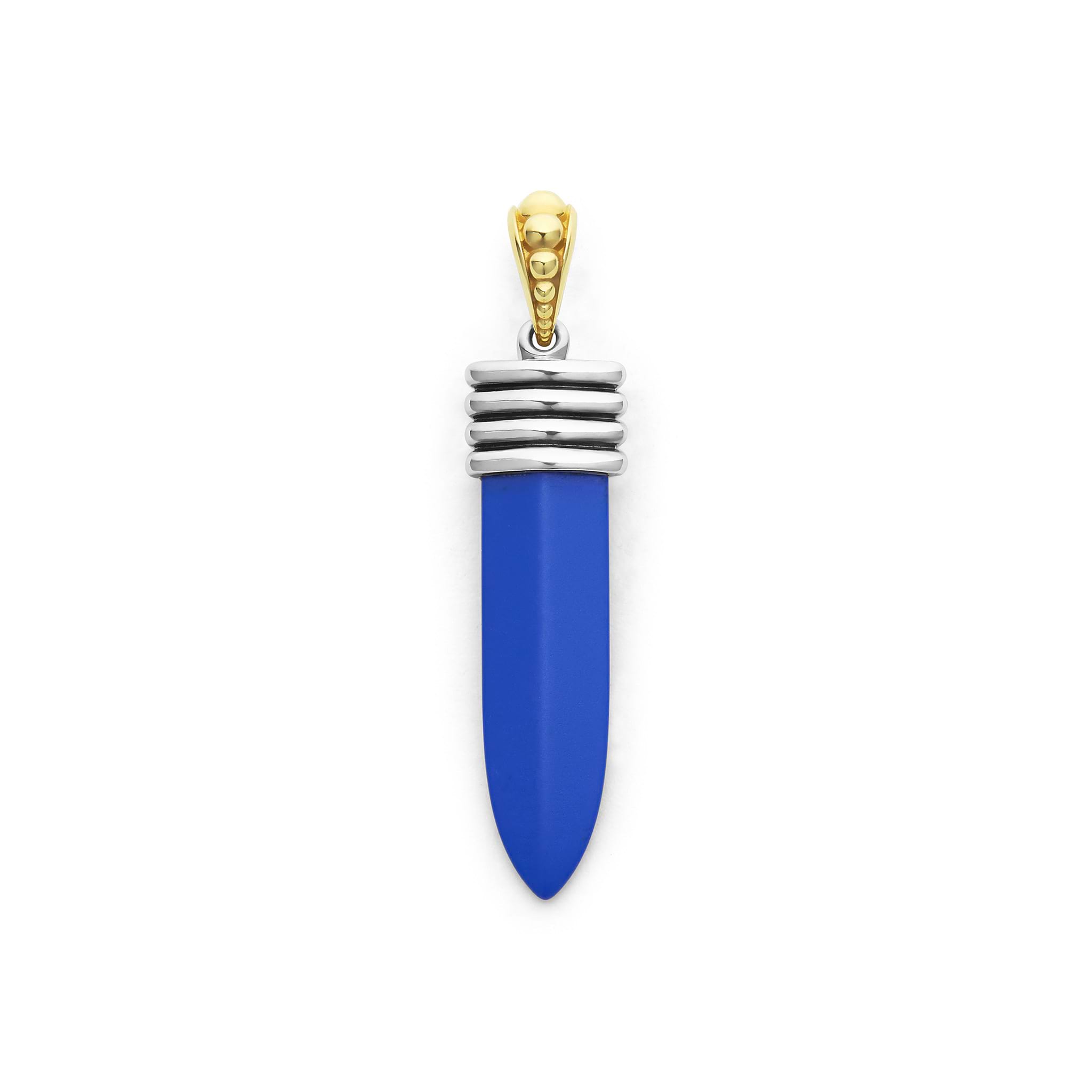 Matte ultramarine ceramic, sterling silver, and 18K gold form this blade motif amulet.