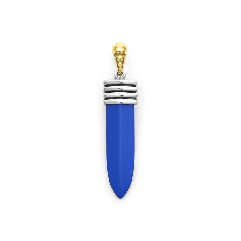 Matte ultramarine ceramic, sterling silver, and 18K gold form this blade motif amulet.