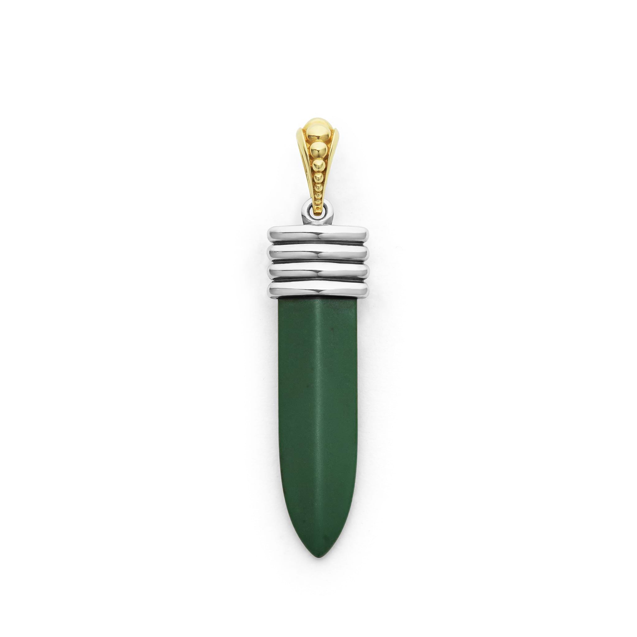 Matte hunter green ceramic, sterling silver, and 18K gold form this blade motif amulet.
