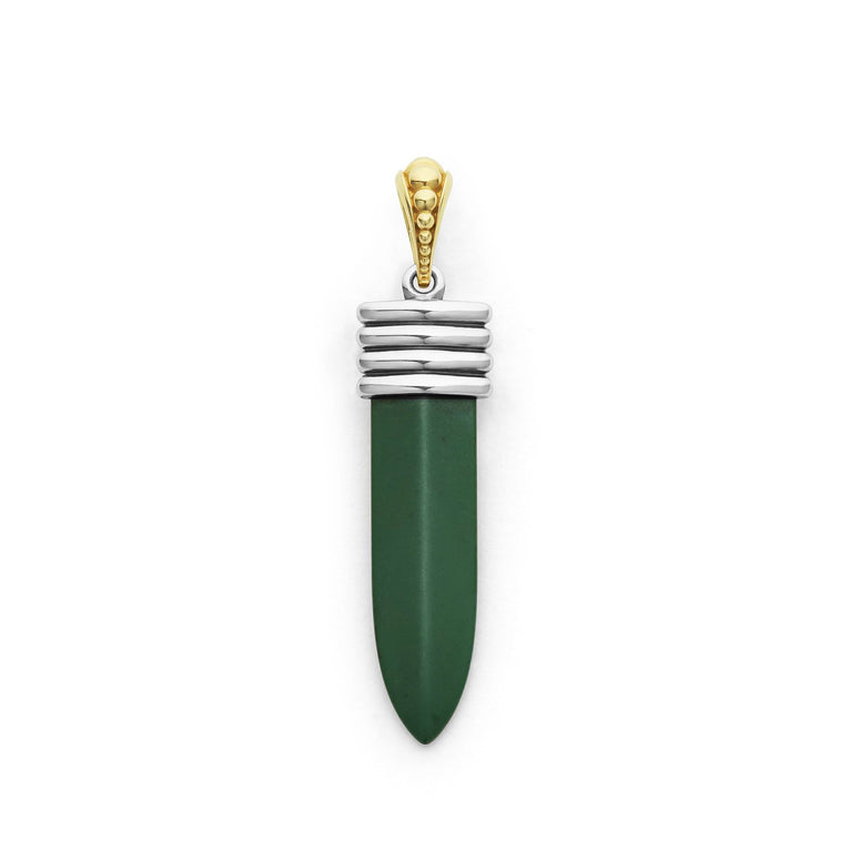 Matte hunter green ceramic, sterling silver, and 18K gold form this blade motif amulet.