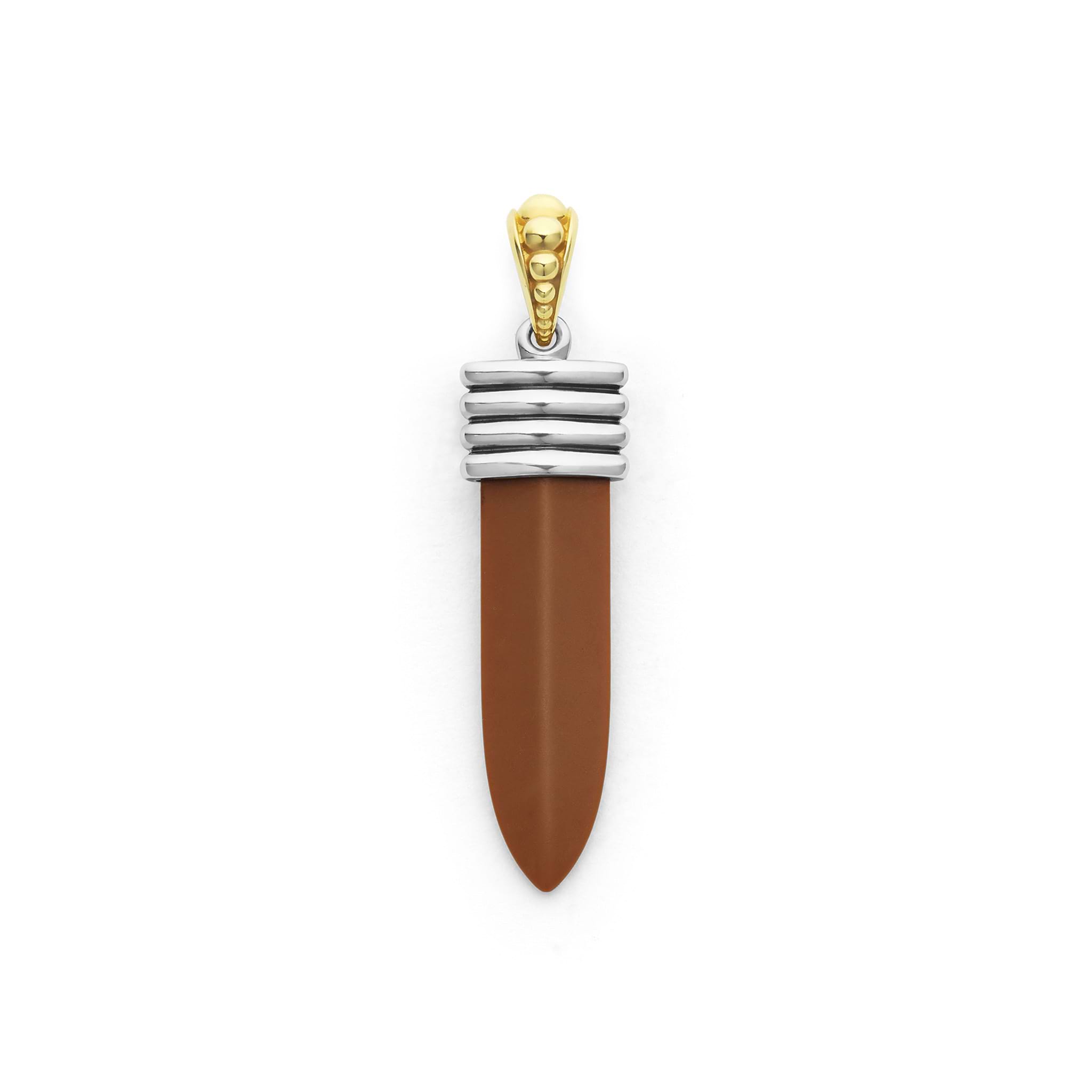 Matte tan ceramic, sterling silver, and 18K gold form this blade motif amulet.
