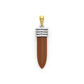 Matte tan ceramic, sterling silver, and 18K gold form this blade motif amulet.