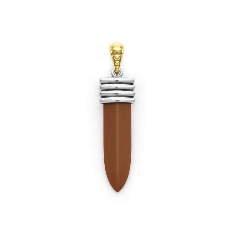 Matte tan ceramic, sterling silver, and 18K gold form this blade motif amulet.