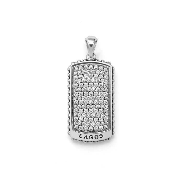 Diamonds accented by sterling silver Caviar beading forms this statement tag amulet. LAGOS diamonds are the highest quality natural stone.