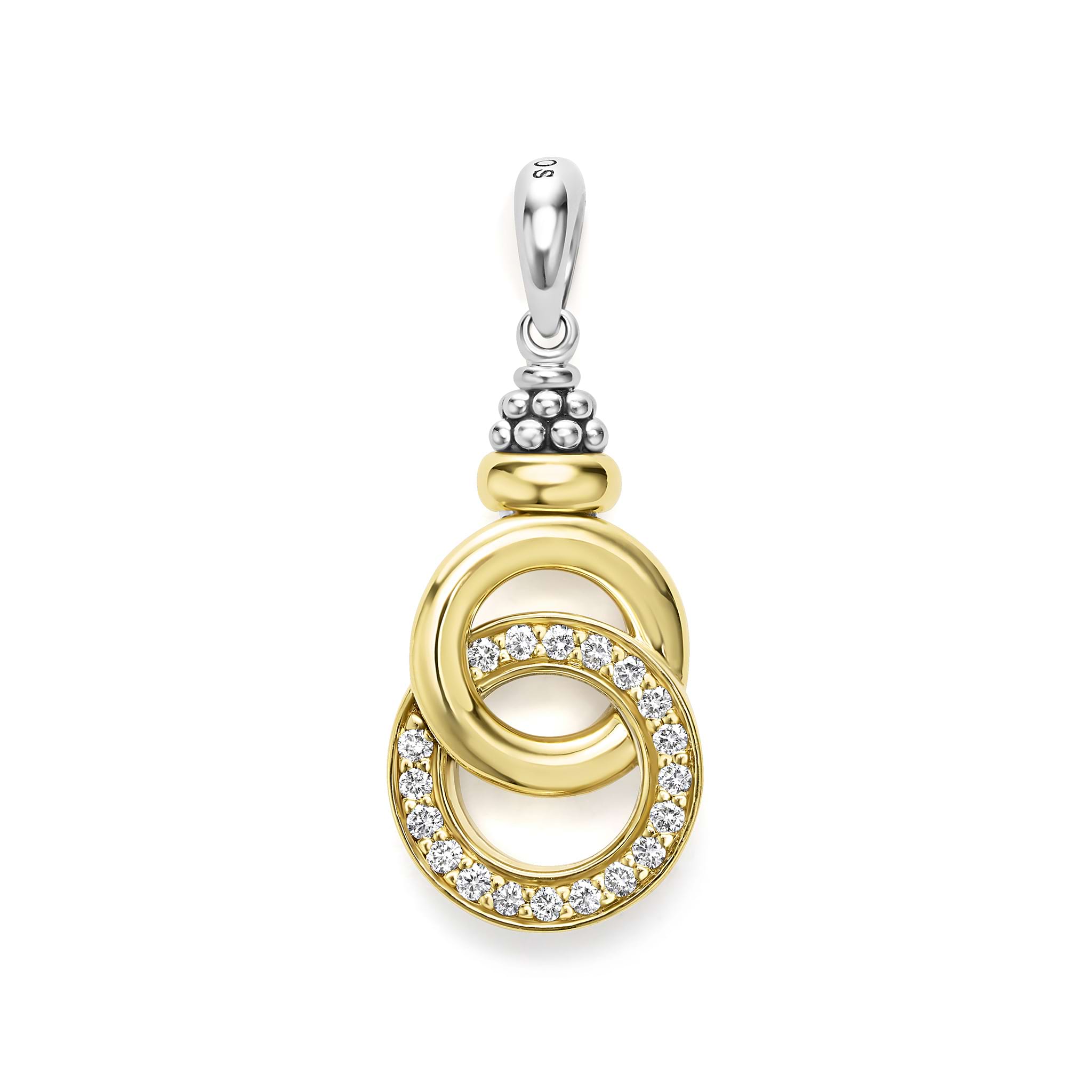 18K gold, sterling silver, and diamonds form this interlocking statement pendant. LAGOS diamonds are the highest quality natural stone.