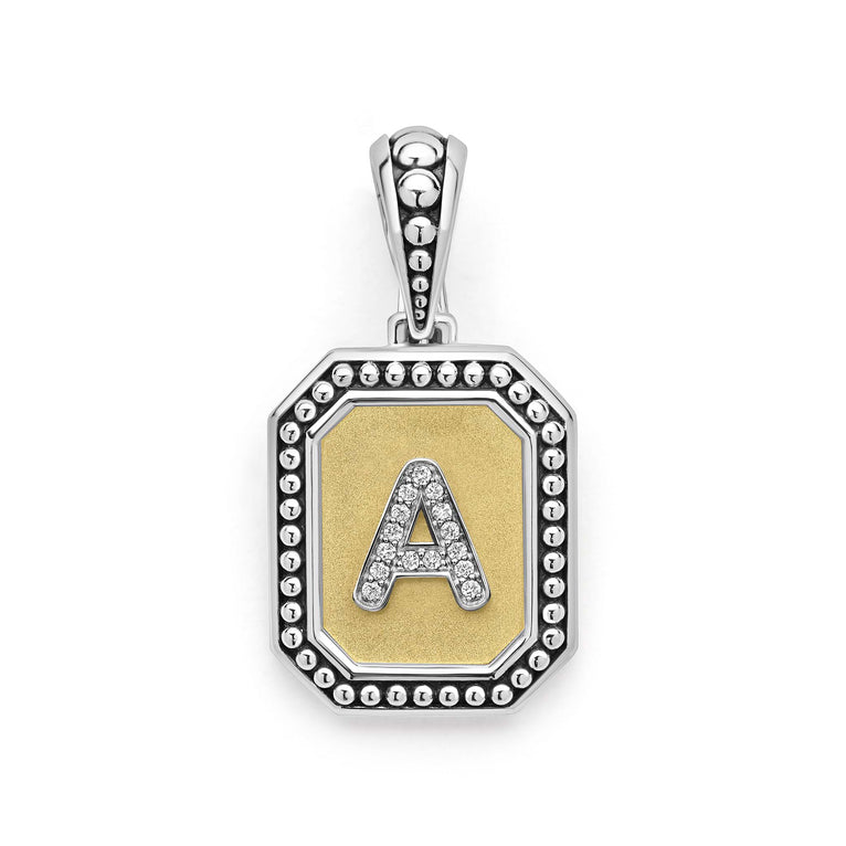 Our Signature Caviar sterling silver and 18K gold octagon initial 'A' charm accented with diamonds. Chain sold separately. LAGOS diamonds are the highest quality natural stones.