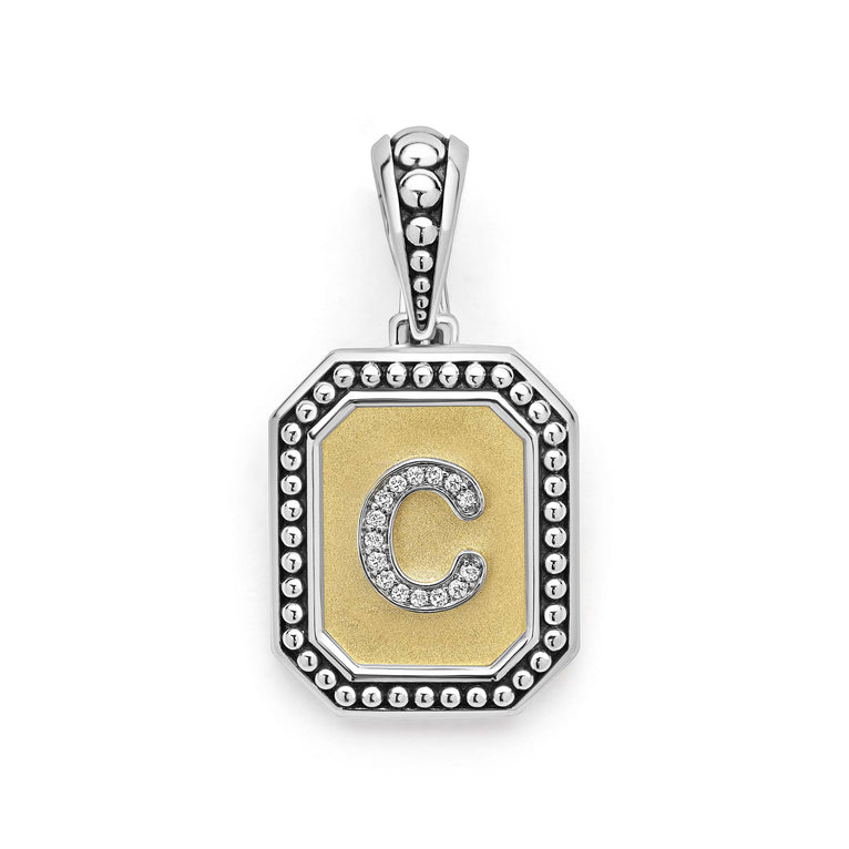 Our Signature Caviar sterling silver and 18K gold octagon initial 'C' charm accented with diamonds. Chain sold separately. LAGOS diamonds are the highest quality natural stones.