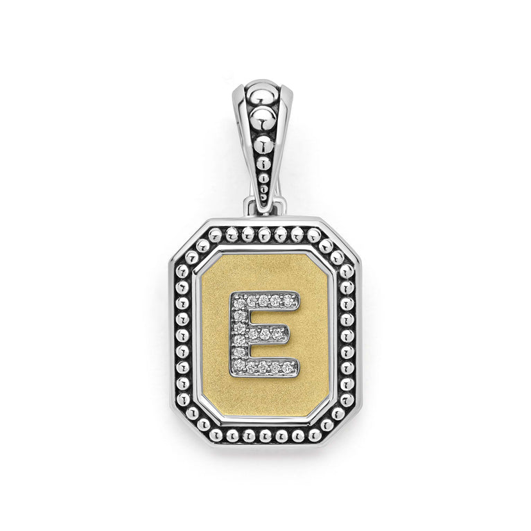 Our Signature Caviar sterling silver and 18K gold octagon initial 'E' charm accented with diamonds. Chain sold separately. LAGOS diamonds are the highest quality natural stones.