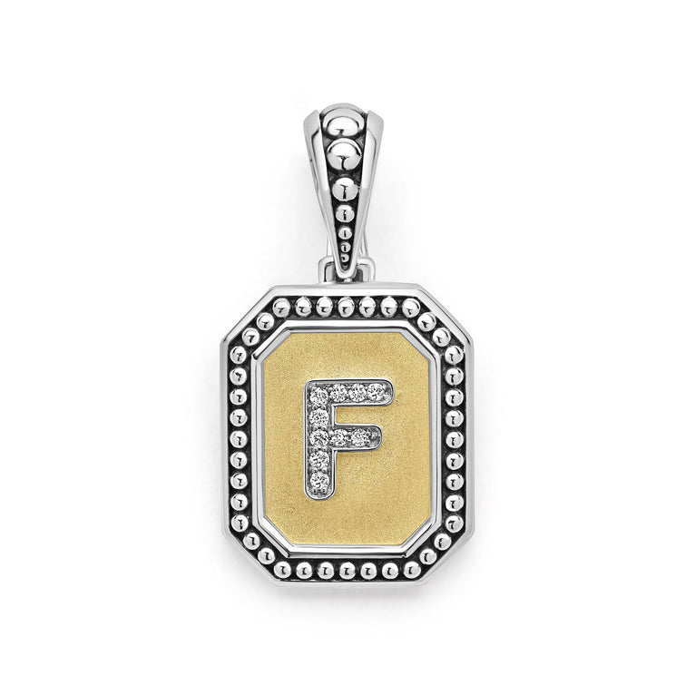 Our Signature Caviar sterling silver and 18K gold octagon initial 'F' charm accented with diamonds. Chain sold separately. LAGOS diamonds are the highest quality natural stones.