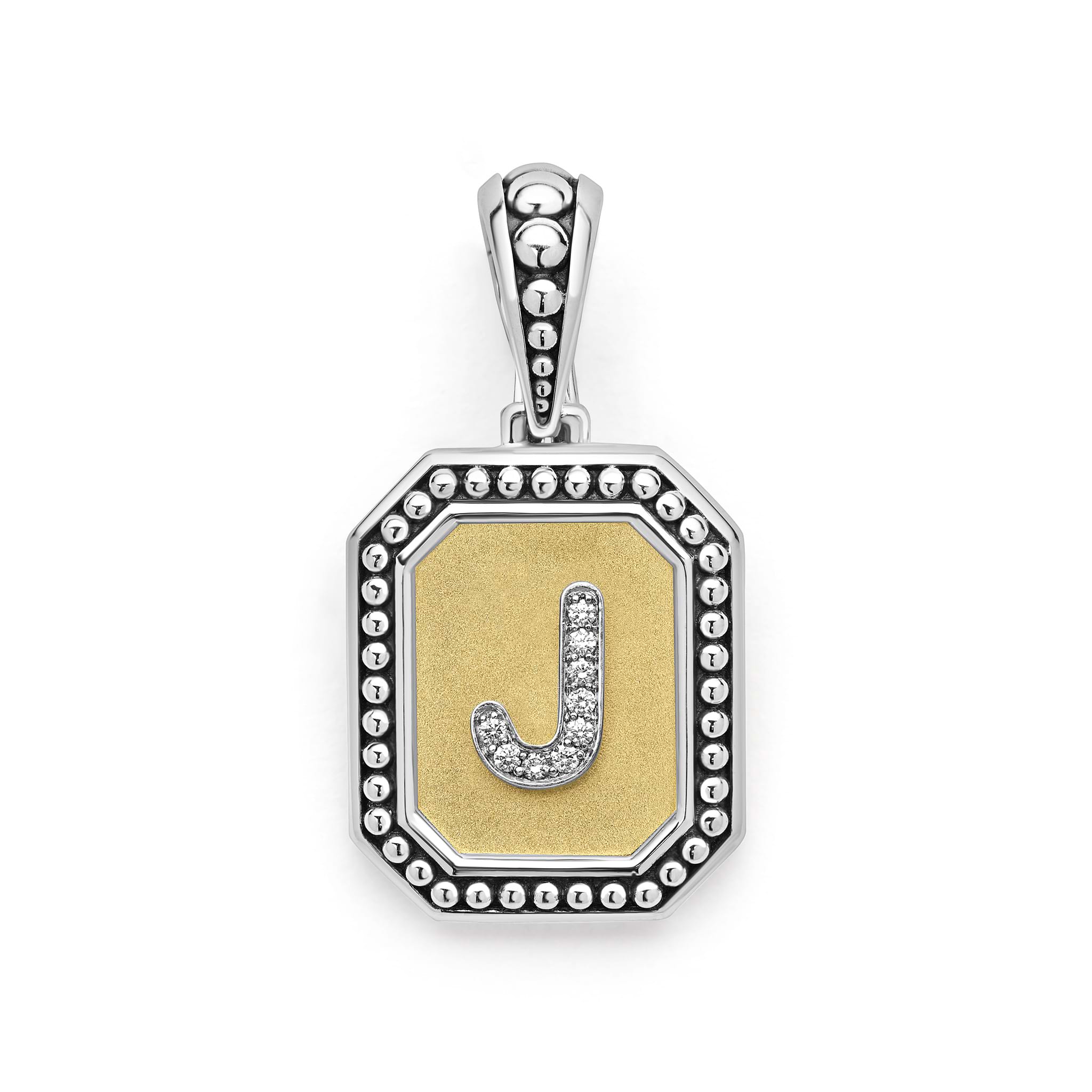 Our Signature Caviar sterling silver and 18K gold octagon initial 'J' charm accented with diamonds. Chain sold separately. LAGOS diamonds are the highest quality natural stones.