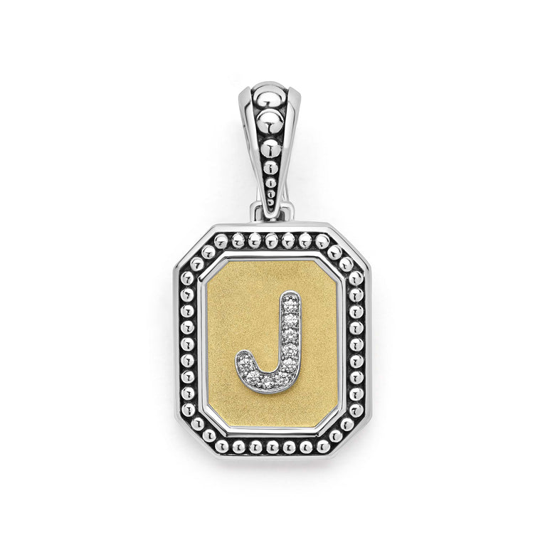 Our Signature Caviar sterling silver and 18K gold octagon initial 'J' charm accented with diamonds. Chain sold separately. LAGOS diamonds are the highest quality natural stones.
