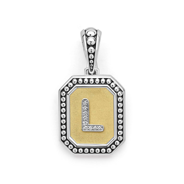 Our Signature Caviar sterling silver and 18K gold octagon initial 'L' charm accented with diamonds. Chain sold separately. LAGOS diamonds are the highest quality natural stones.