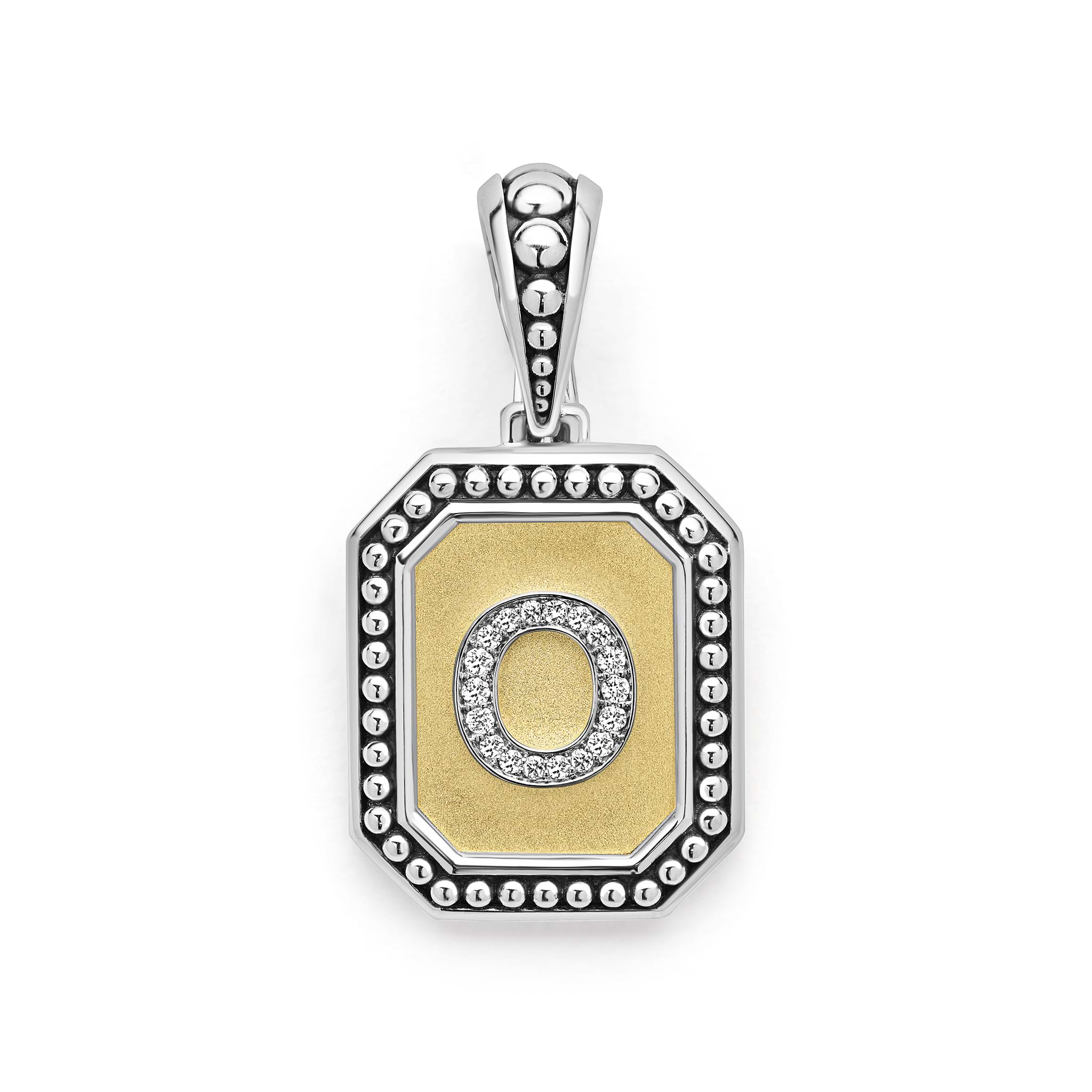 Our Signature Caviar sterling silver and 18K gold octagon initial 'O' charm accented with diamonds. Chain sold separately. LAGOS diamonds are the highest quality natural stones.