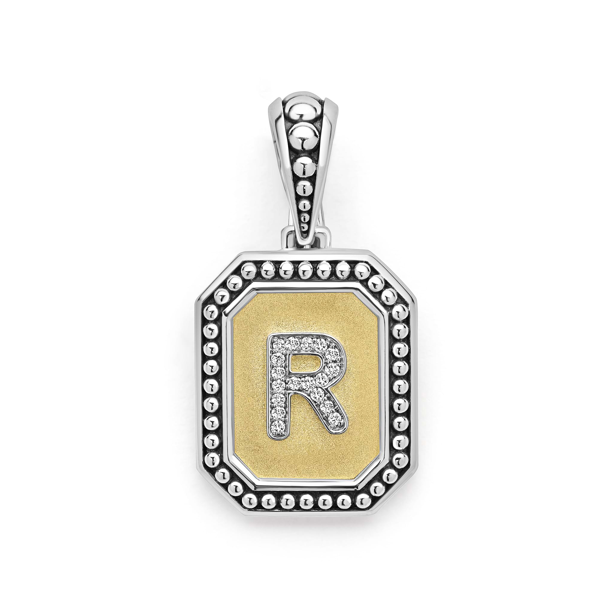 Our Signature Caviar sterling silver and 18K gold octagon initial 'R' charm accented with diamonds. Chain sold separately. LAGOS diamonds are the highest quality natural stones.