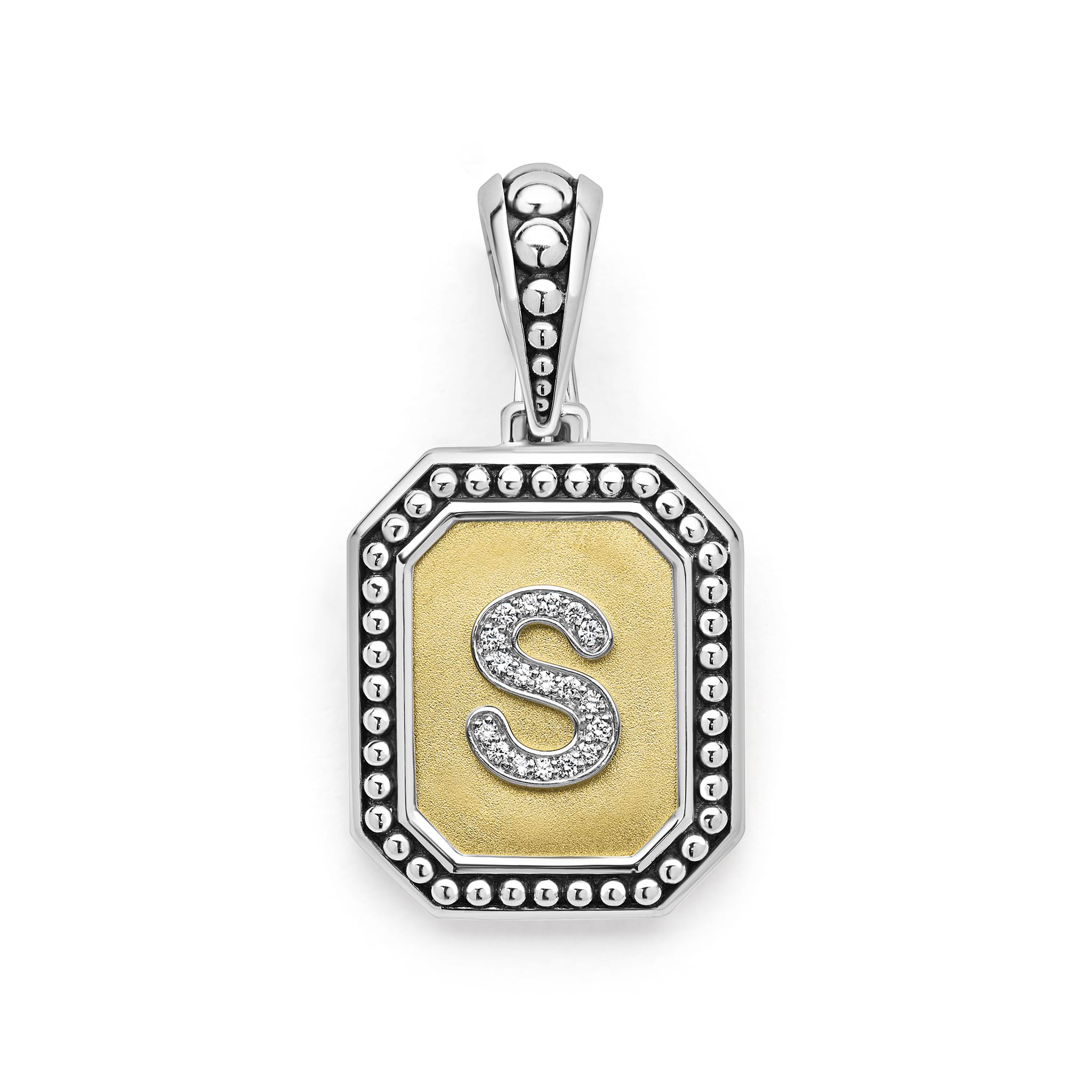 Our Signature Caviar sterling silver and 18K gold octagon initial 'S' charm accented with diamonds. Chain sold separately. LAGOS diamonds are the highest quality natural stones.