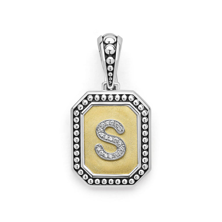 Our Signature Caviar sterling silver and 18K gold octagon initial 'S' charm accented with diamonds. Chain sold separately. LAGOS diamonds are the highest quality natural stones.
