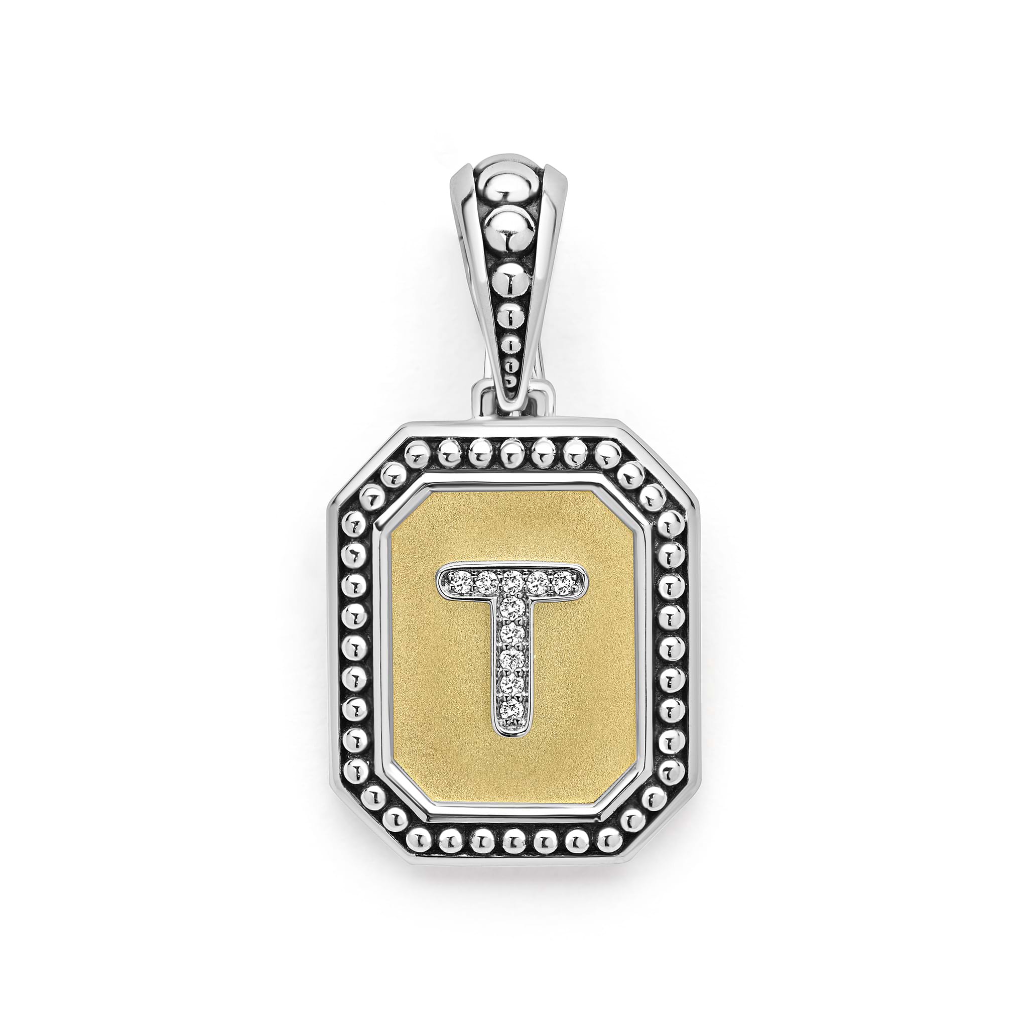 Our Signature Caviar sterling silver and 18K gold octagon initial 'T' charm accented with diamonds. Chain sold separately. LAGOS diamonds are the highest quality natural stones.
