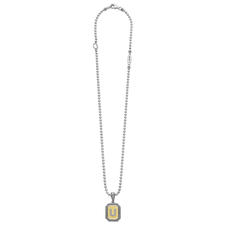 Signature Caviar Octagon Diamond U Initial Charm Necklace