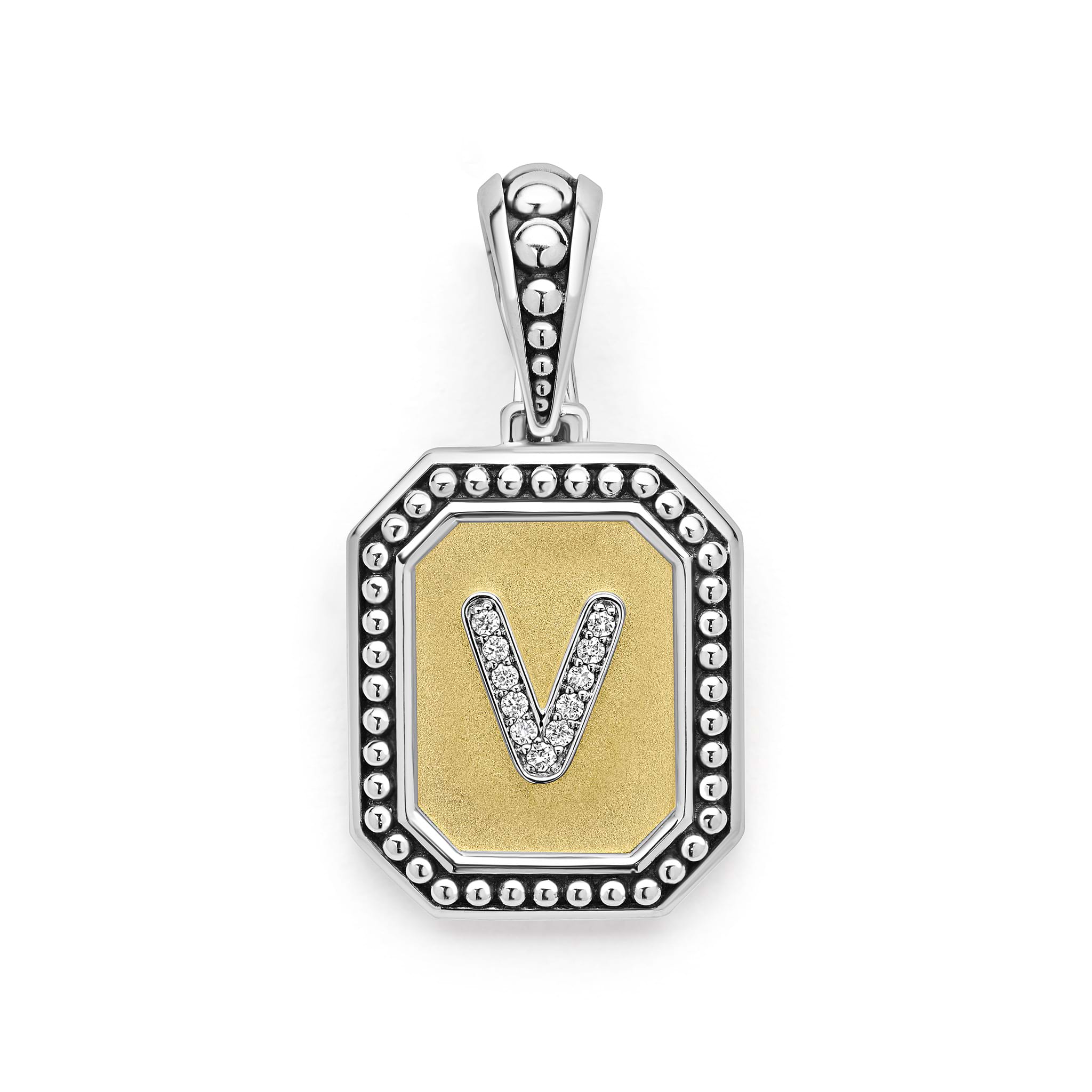 Our Signature Caviar sterling silver and 18K gold octagon initial 'V' charm accented with diamonds. Chain sold separately. LAGOS diamonds are the highest quality natural stones.