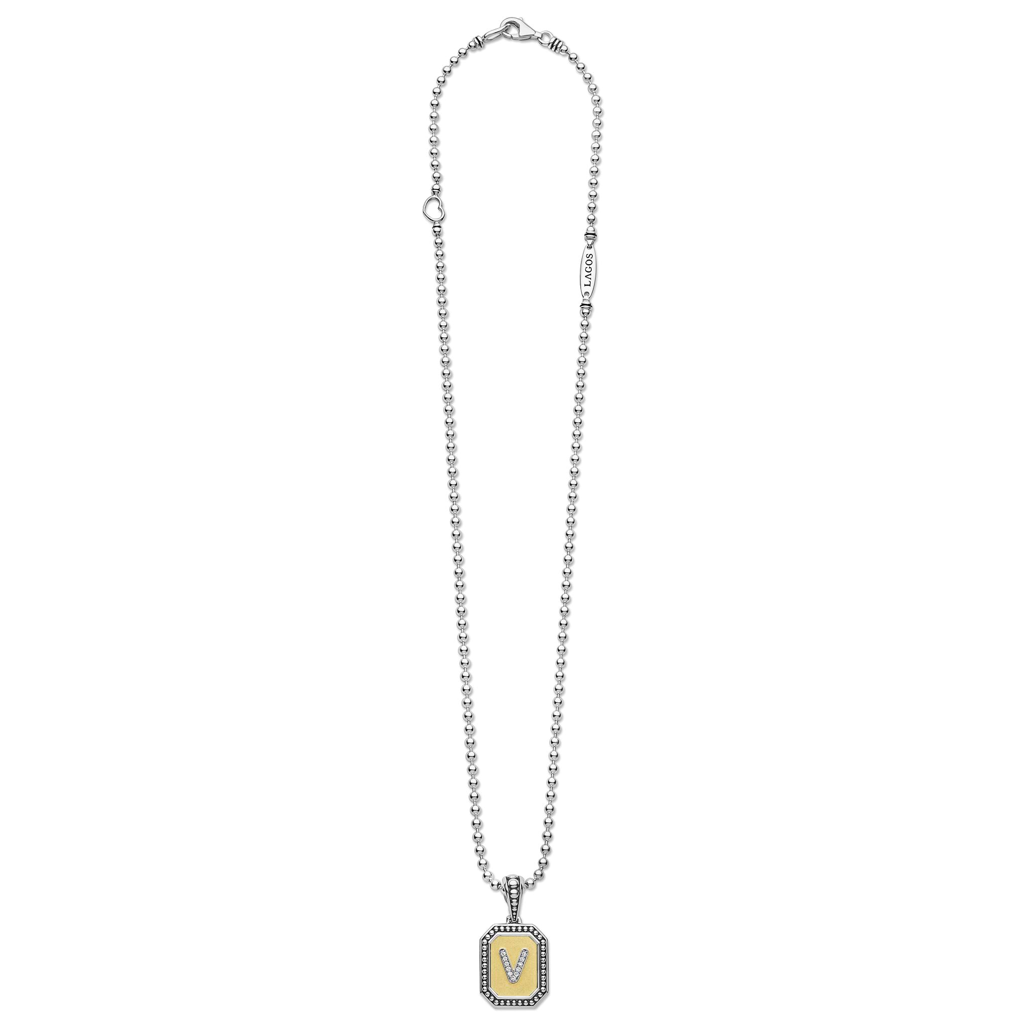 Signature Caviar Octagon Diamond V Initial Charm Necklace