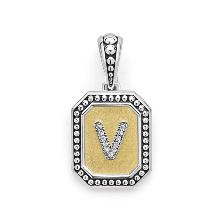 Our Signature Caviar sterling silver and 18K gold octagon initial 'V' charm accented with diamonds. Chain sold separately. LAGOS diamonds are the highest quality natural stones.