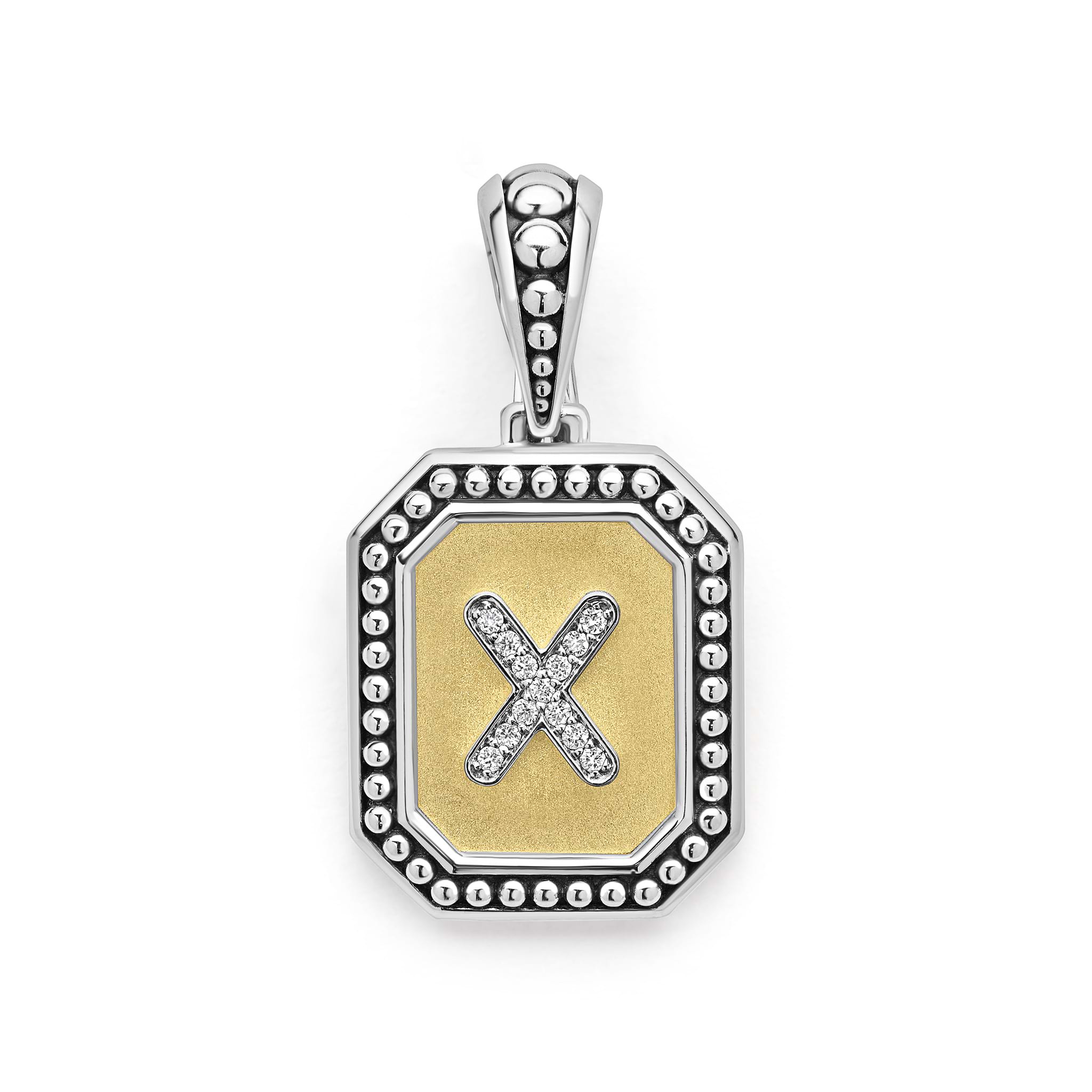 Our Signature Caviar sterling silver and 18K gold octagon initial 'X' charm accented with diamonds. Chain sold separately. LAGOS diamonds are the highest quality natural stones.