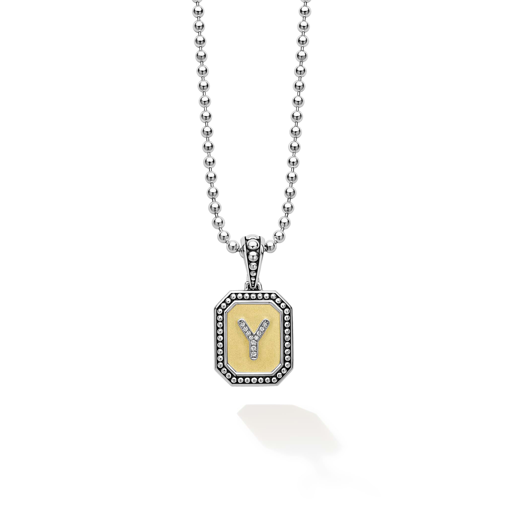 Our Signature Caviar sterling silver and 18K gold octagon initial 'Y' charm accented with diamonds finished on a sterling silver ball chain necklace. LAGOS diamonds are the highest quality natural stones.