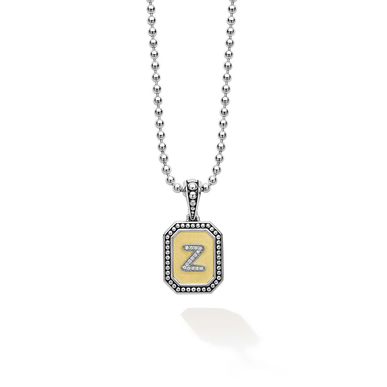 Our Signature Caviar sterling silver and 18K gold octagon initial 'Z' charm accented with diamonds finished on a sterling silver ball chain necklace. LAGOS diamonds are the highest quality natural stones.