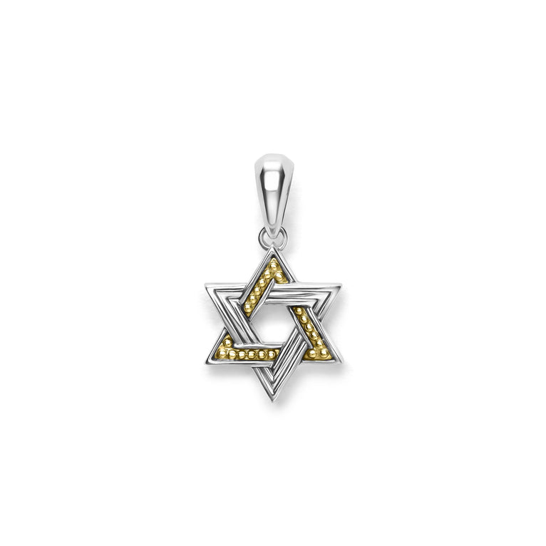 18K gold and sterling silver form this intricate Star of David amulet. Wear it proudly as a symbol of faith, style, and tradition.