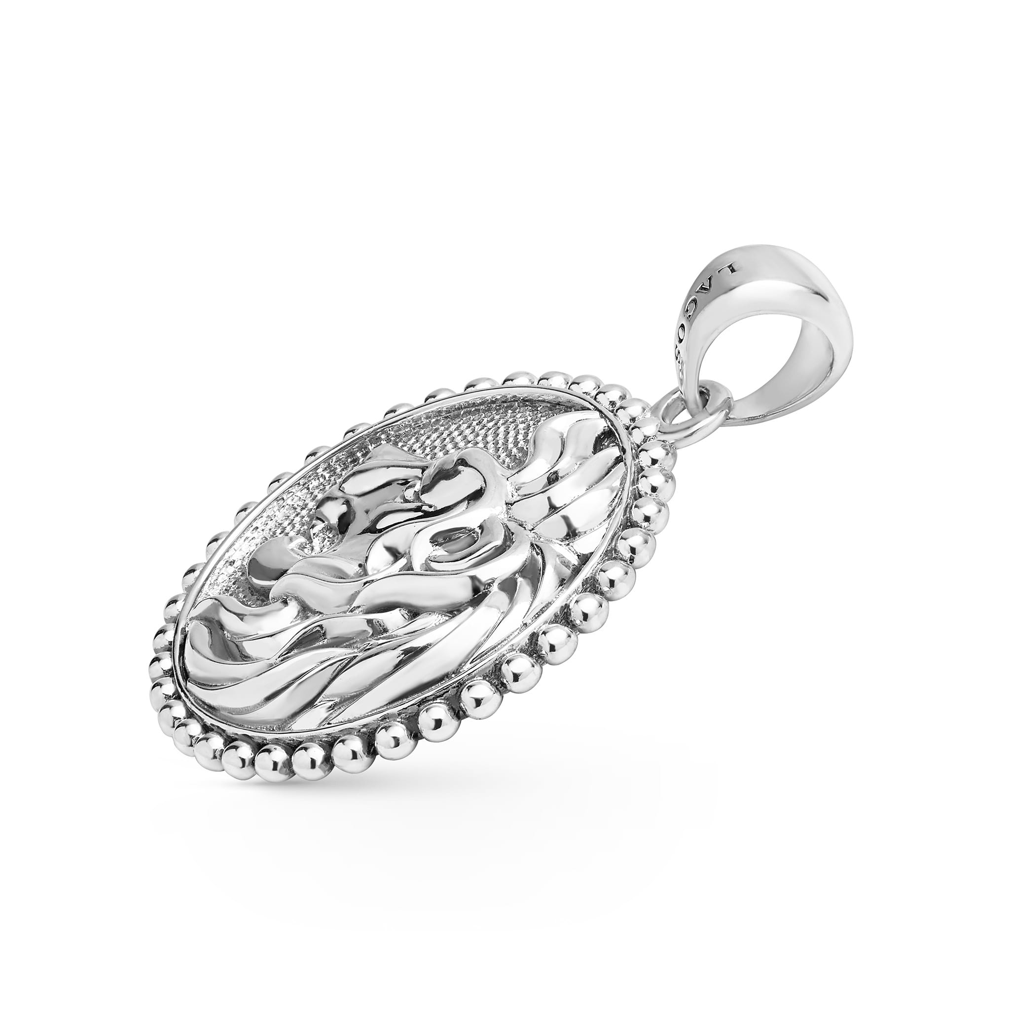 Close-up of sterling silver lion design with Caviar beading on the Anthem Silver Lion Circle Amulet, showcasing fine craftsmanship