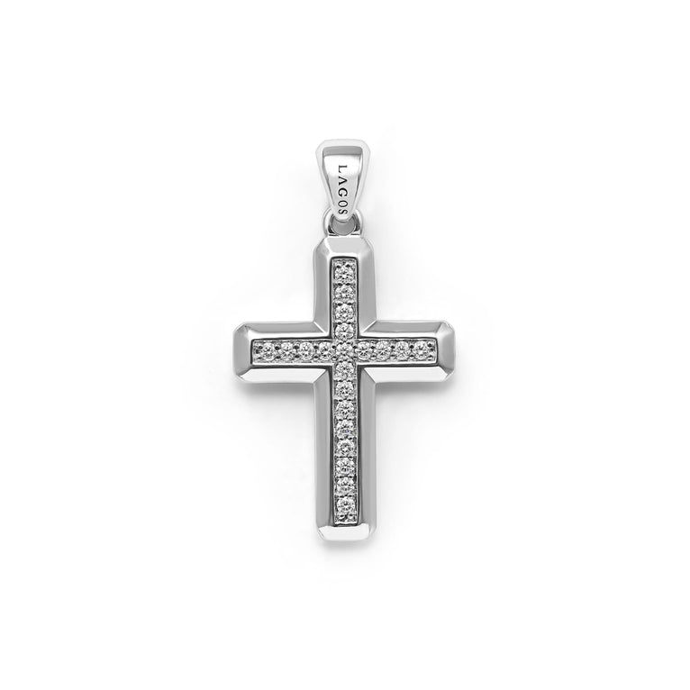 Smooth sterling silver form this intricate cross amulet detailed with diamonds. Wear it proudly as a symbol of faith, style, and tradition. LAGOS diamonds are the highest quality natural stone.