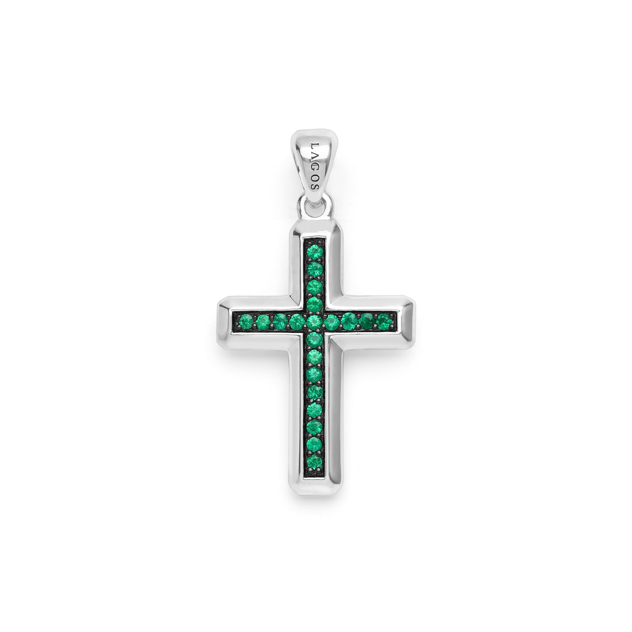 Sterling Silver and Emerald Cross Amulet featuring smooth sterling silver with emerald accents