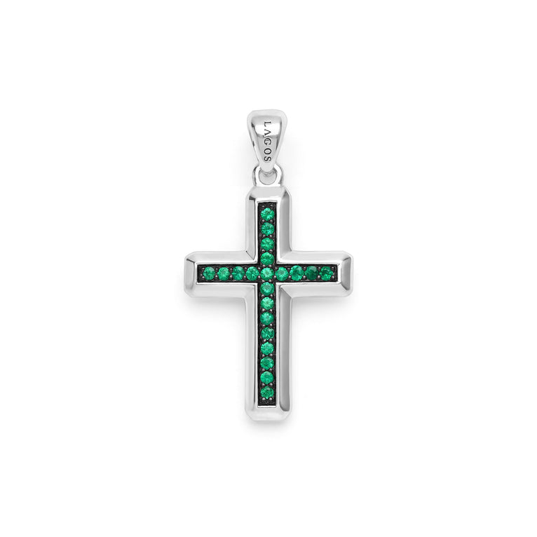Sterling Silver and Emerald Cross Amulet featuring smooth sterling silver with emerald accents