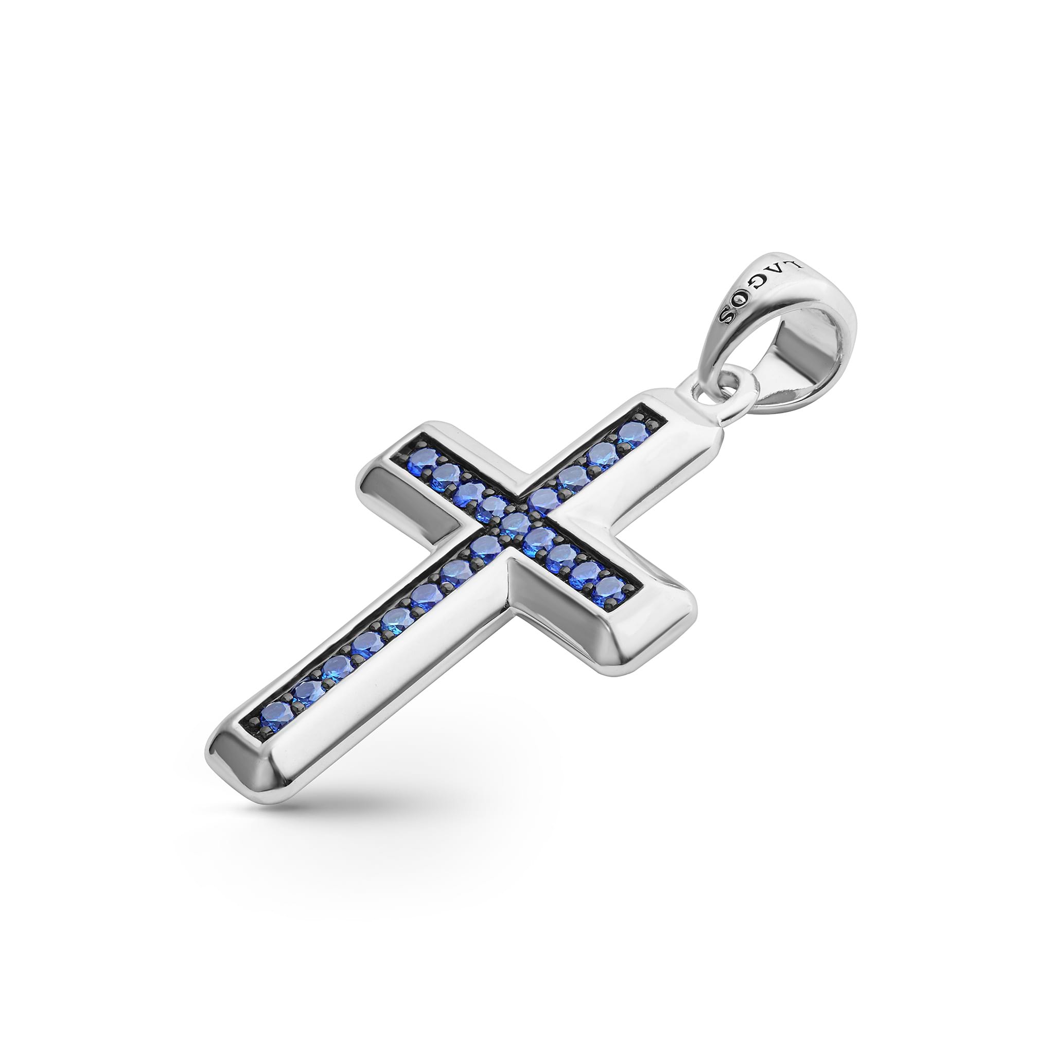 sterling silver cross amulet detailed with blue sapphires