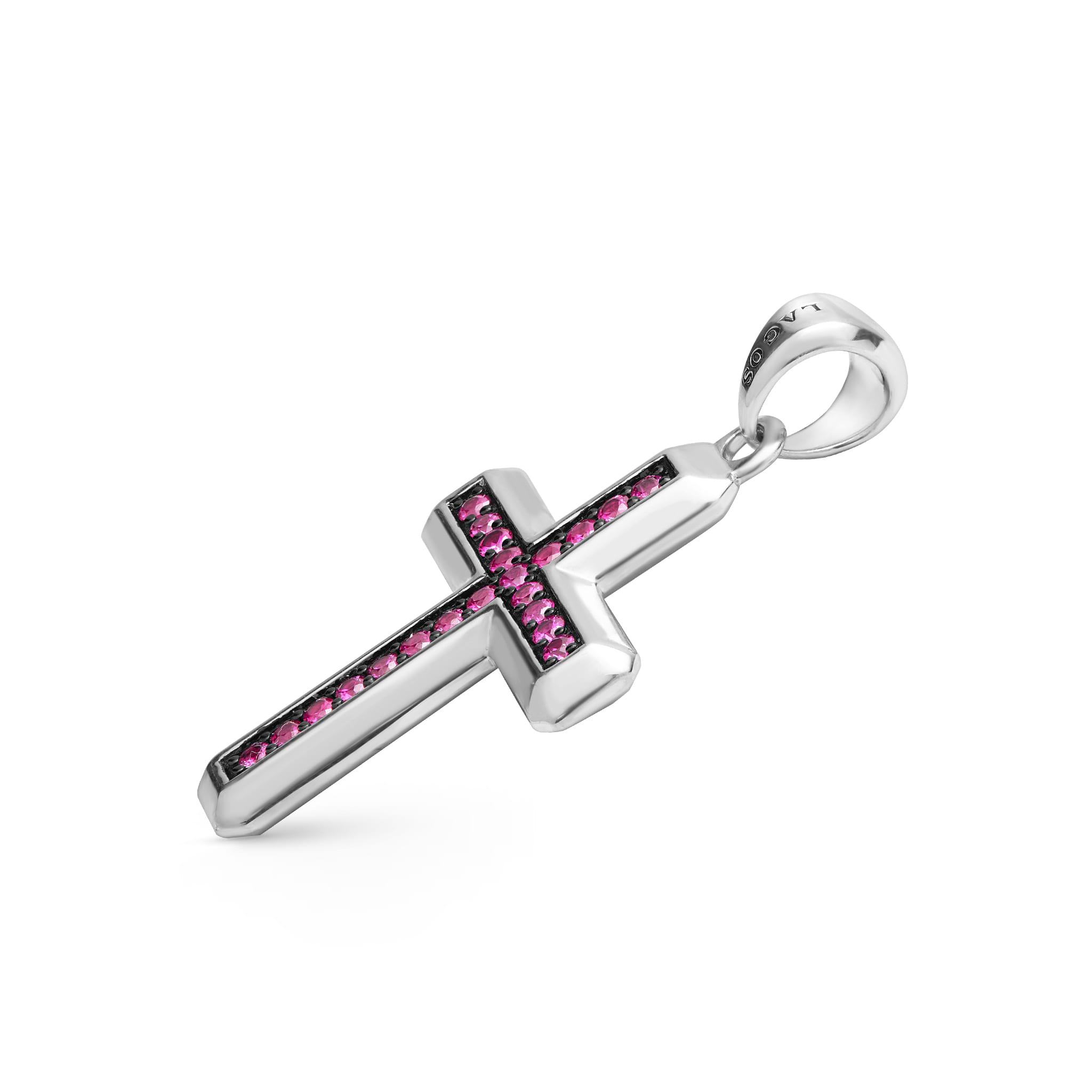 Sterling Silver and Ruby Cross Amulet featuring smooth sterling silver with ruby accents