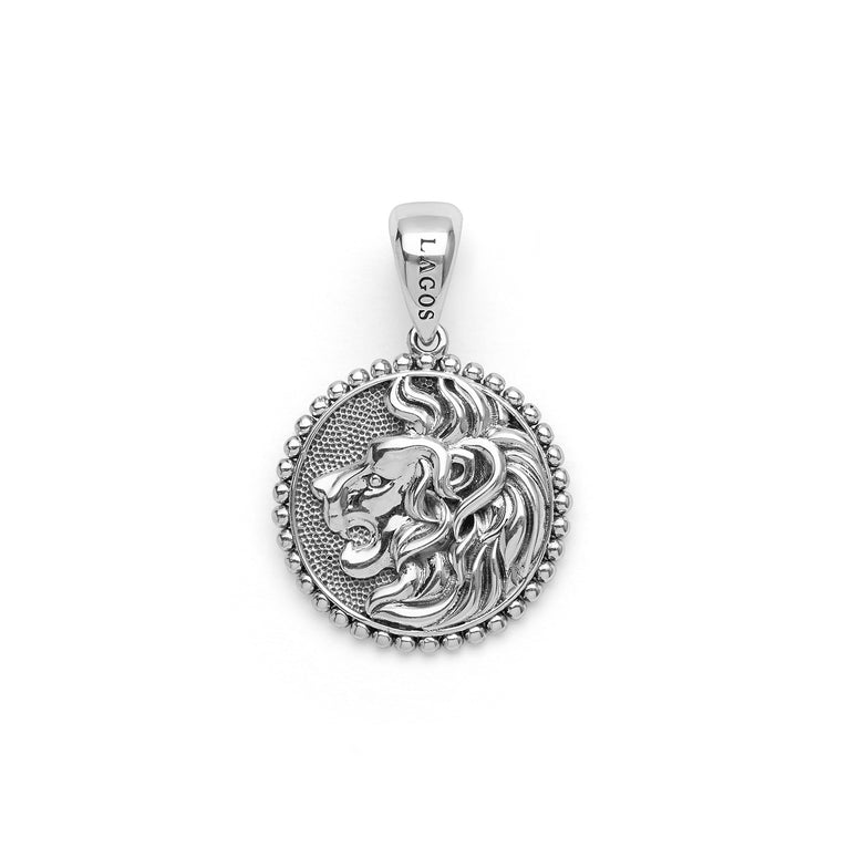 Small Silver Lion Circle Amulet in sterling silver with signature Caviar beading, dimensions 20mm x 20mm