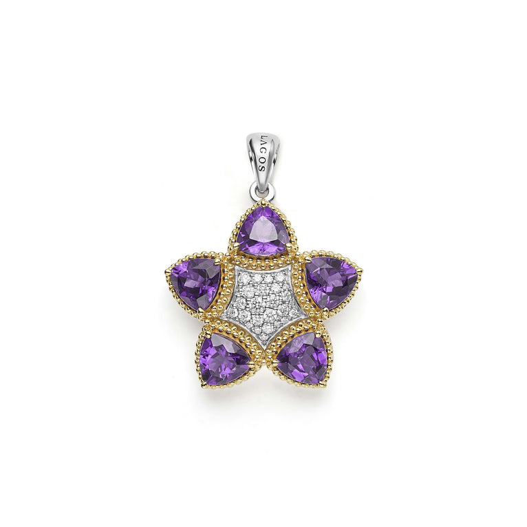Triangle amethyst gemstones and round diamonds are set in Caviar beaded 18k gold and smooth sterling silver to form this floral motif pendant. LAGOS diamonds are the highest quality natural stones.