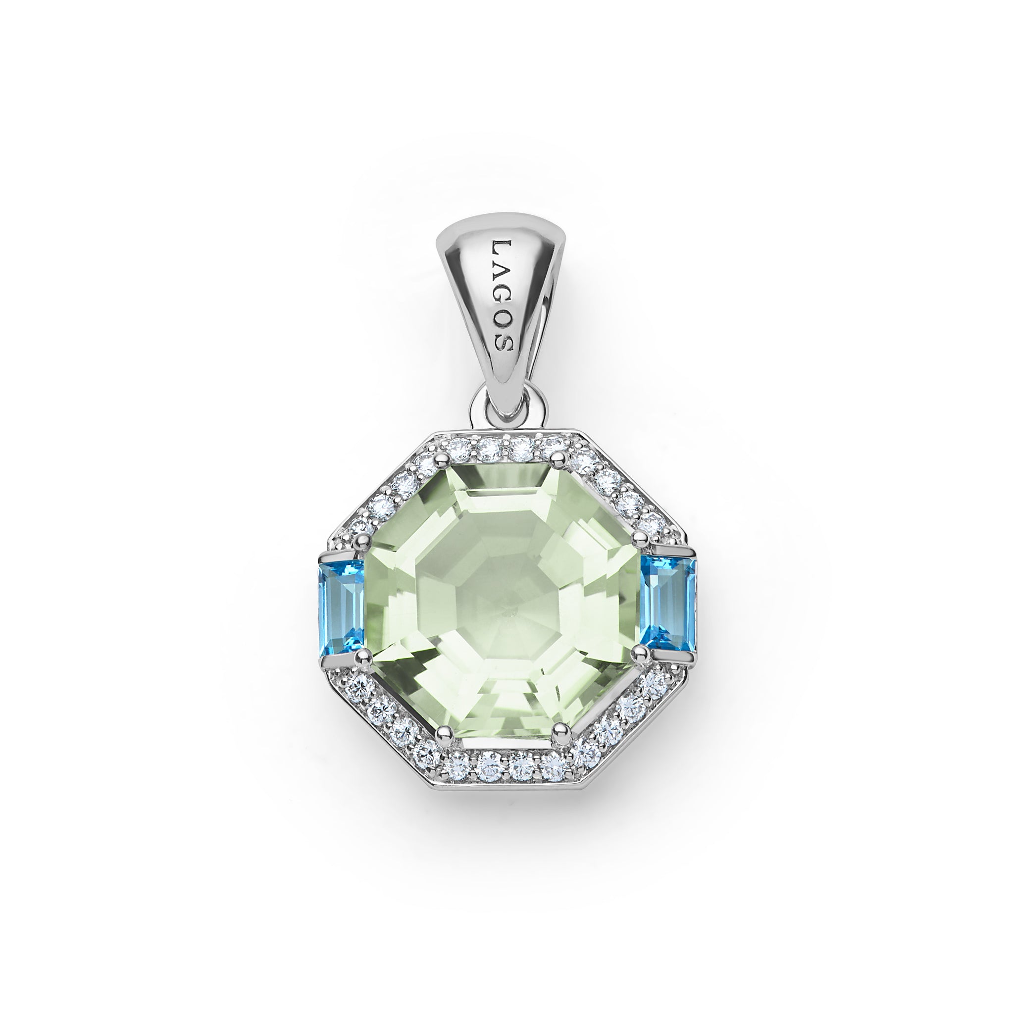 Caviar Color Sterling Silver Prasiolite and Blue Topaz Diamond Pendant