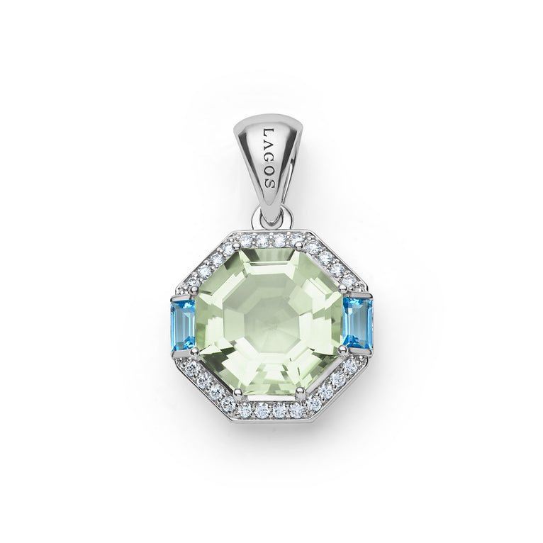 Caviar Color Sterling Silver Prasiolite and Blue Topaz Diamond Pendant
